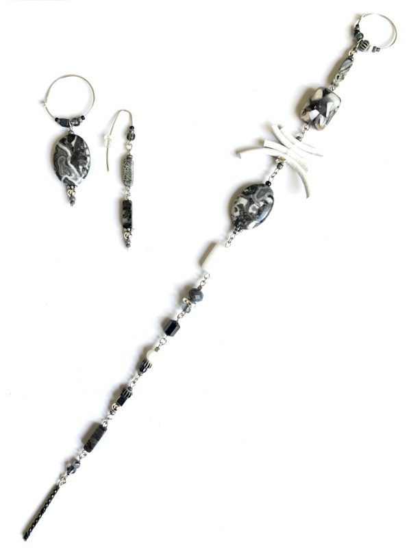 Product Image for  celestial life sterling silver, white leather and grey jasper 3 piece set