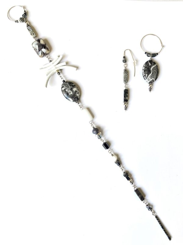 Product Image for  celestial life sterling silver, white leather and grey jasper 3 piece set