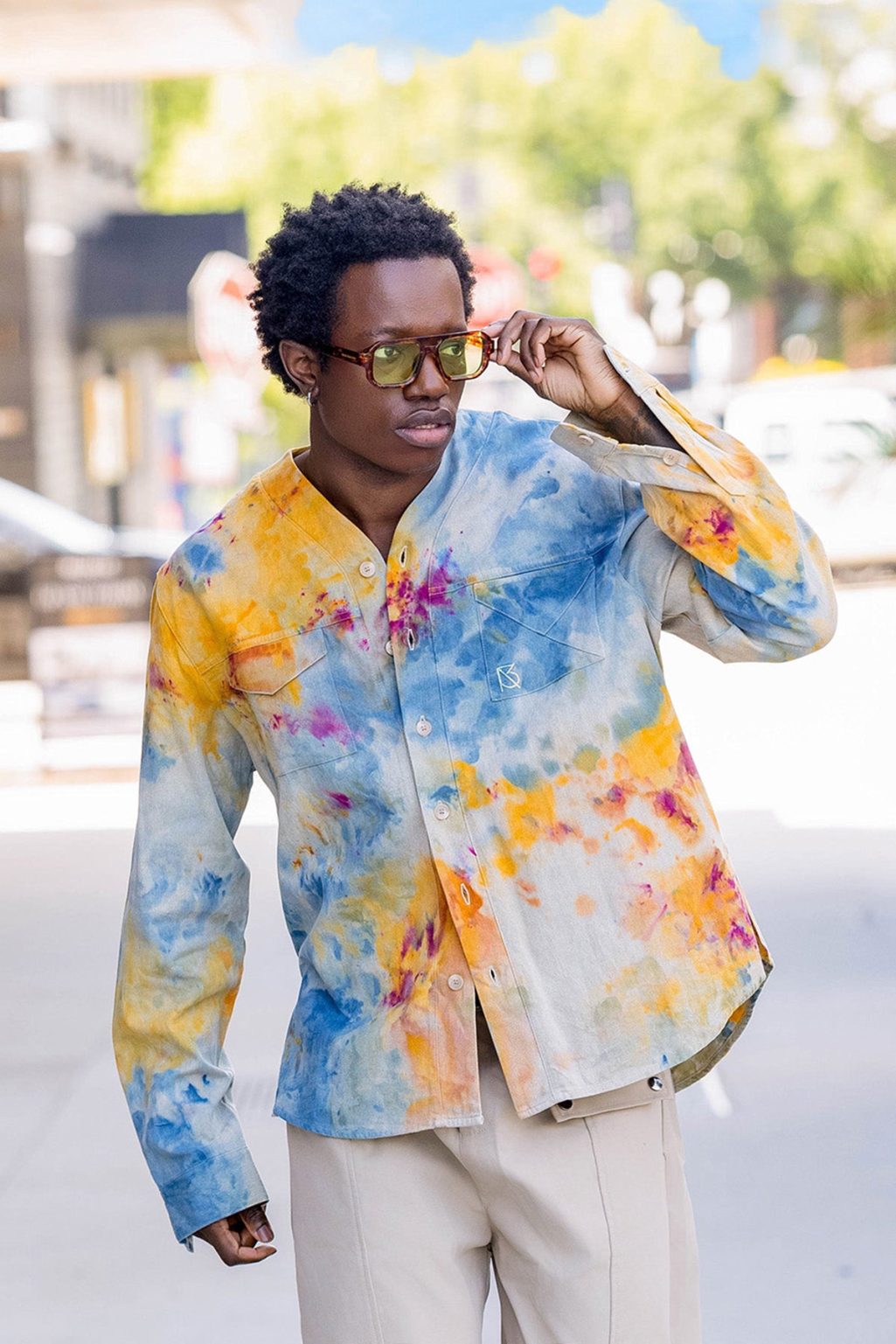 Product Image for Herman V Neck Button Up Shirt: Beige Tie-Dye – Orange