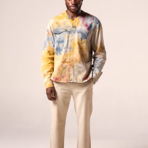 Product Image for Herman V Neck Button Up Shirt: Beige Tie-Dye – Orange