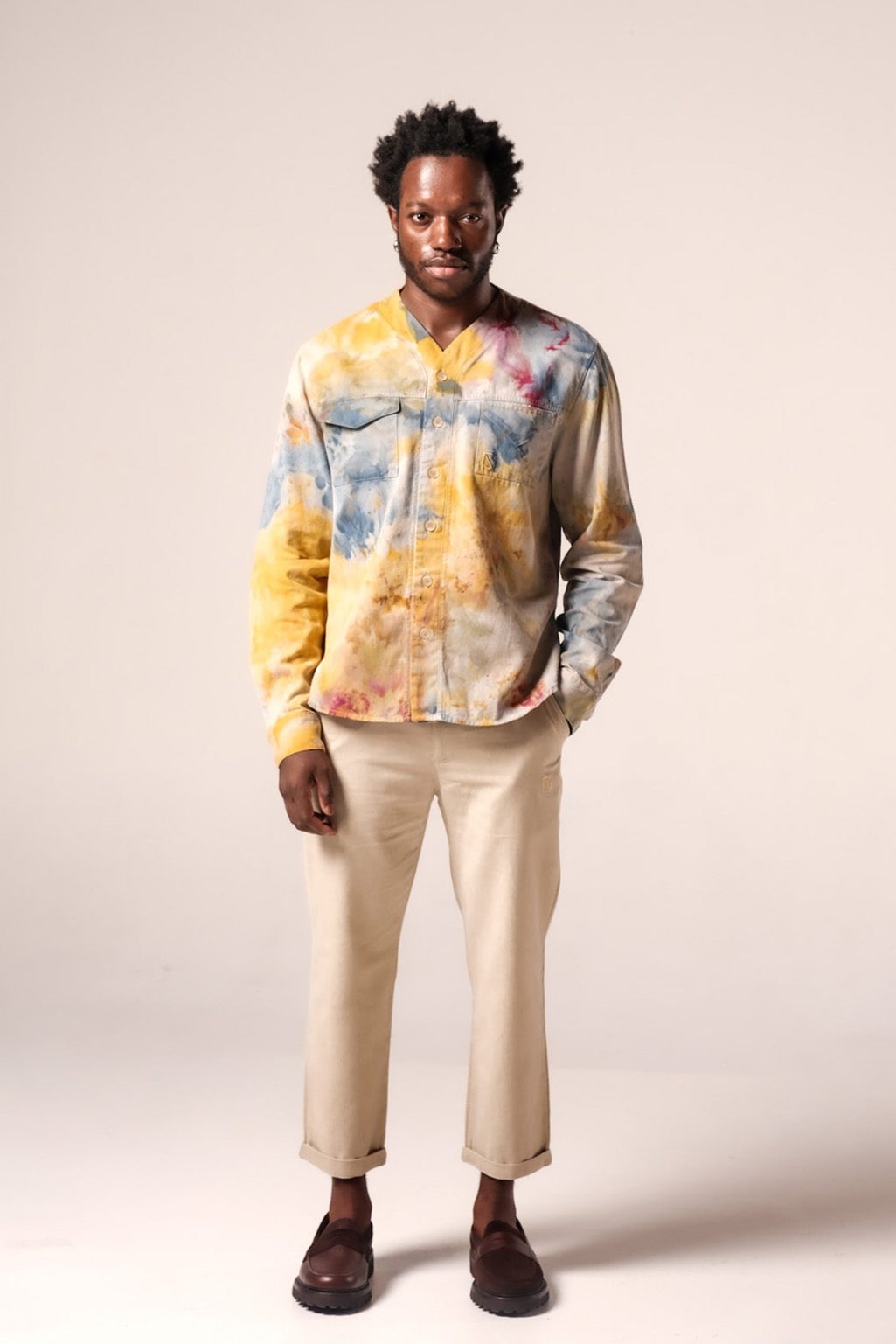 Product Image for Herman V Neck Button Up Shirt: Beige Tie-Dye – Orange