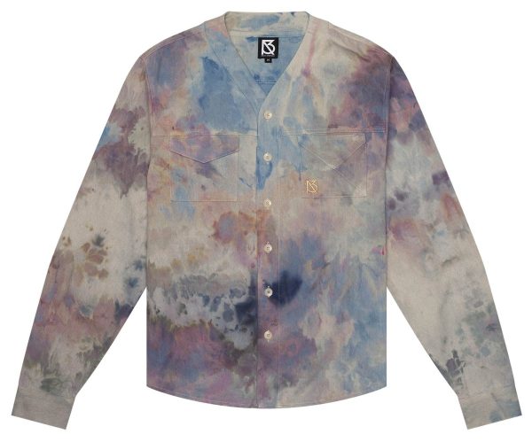 Product Image for  Herman V Neck Button Up Shirt: Beige Tie-Dye – Purple