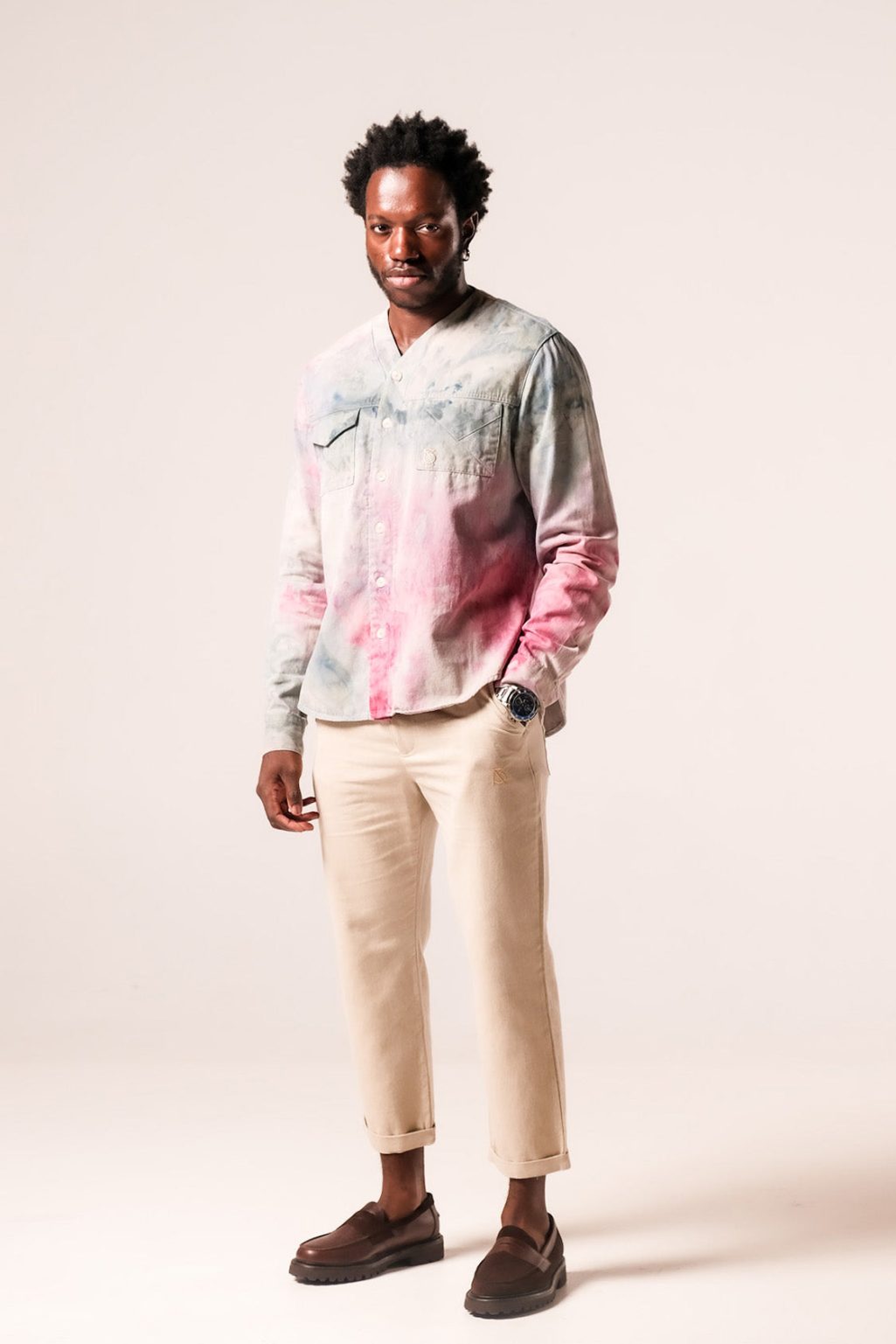 Product Image for Herman V-Neck Button-Up Shirt – Beige Tie-Dye v2