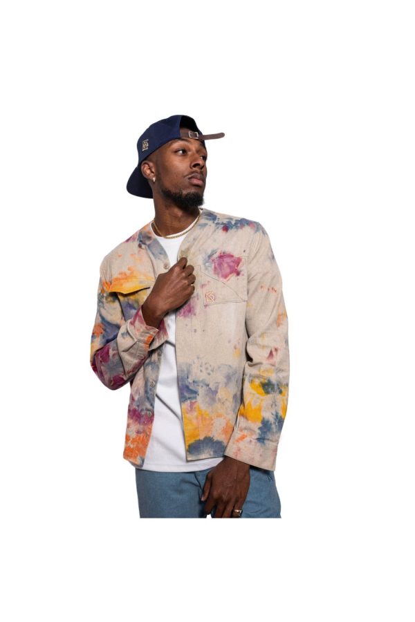 Product Image for  Herman V Neck Button Up Shirt: Beige Tie-Dye – Orange