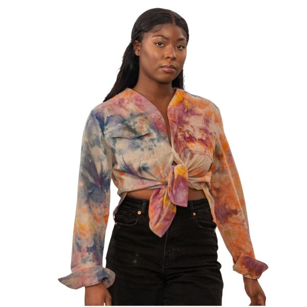 Product Image for  Herman V Neck Button Up Shirt: Beige Tie-Dye – Orange