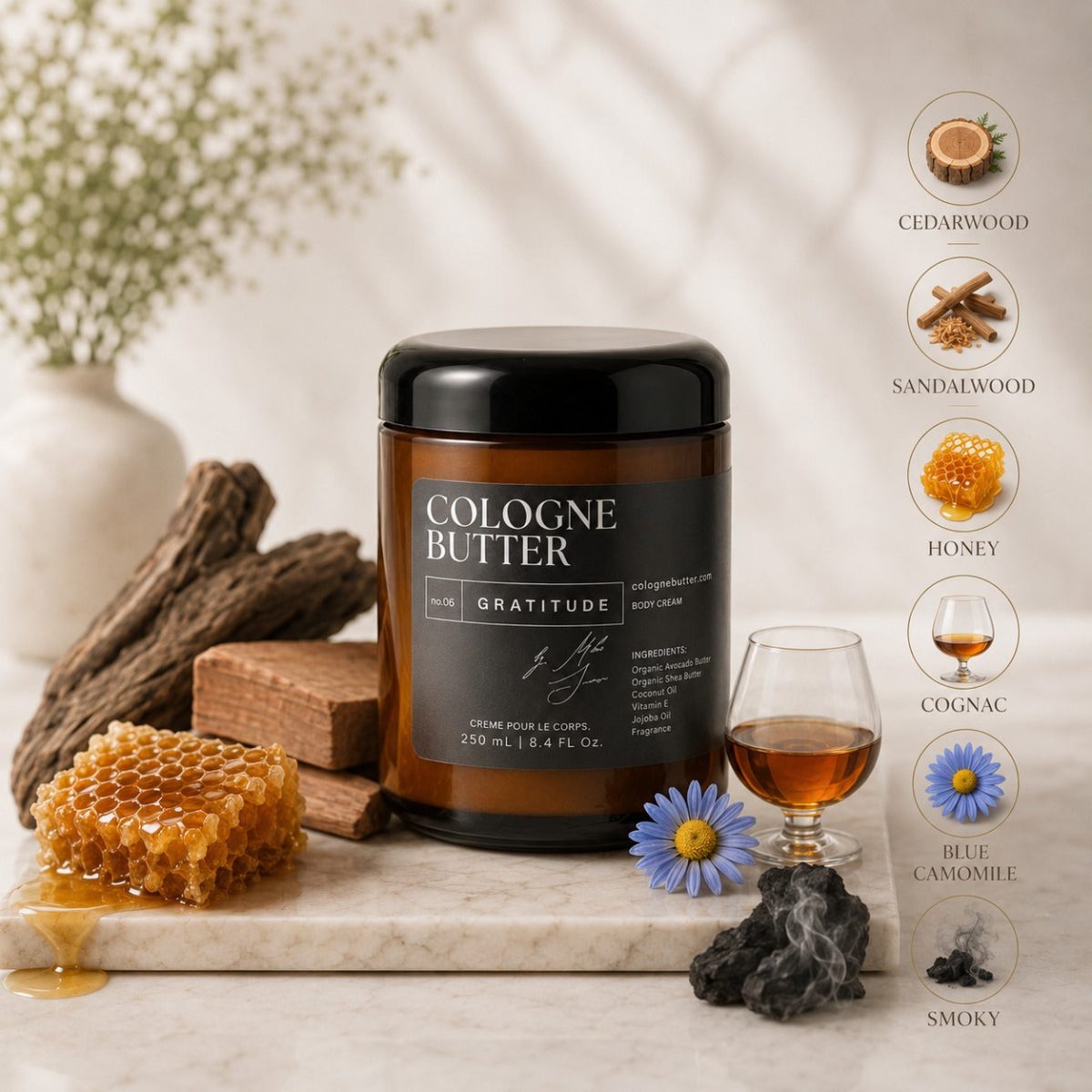 Product Image for GRATITUDE – Luxury Fragrance Body Butter | Honey, Smoky Cedarwood & Sandalwood Cologne Scent Moisturizing Skin Butter | Cologne Butter