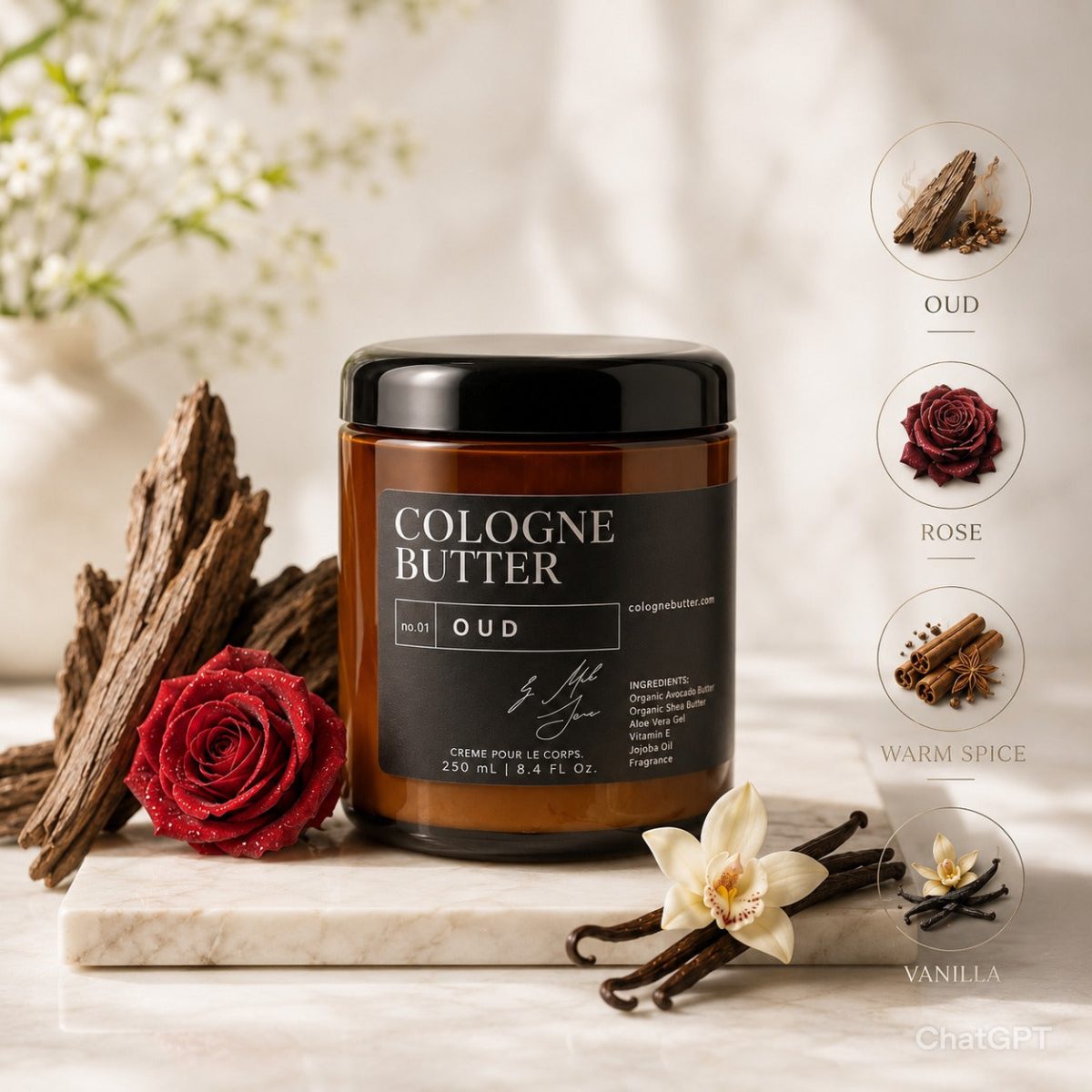 Product Image for OUD – Luxury Fragrance Body Butter – Oud, Rose & Warm Spice Scent Moisturizing Skin Butter | Cologne Butter